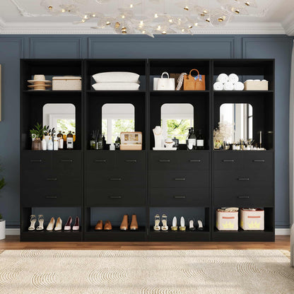 100 Inch Freestanding Closet System Set of 4 with 16 Drawers, Mirrors & Shelves