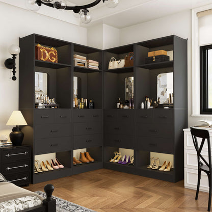 100 Inch Freestanding Closet System Set of 4 with 16 Drawers, Mirrors & Shelves