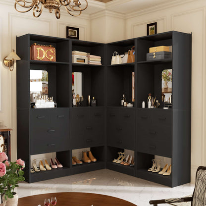 100 Inch Freestanding Closet System Set of 4 with 16 Drawers, Mirrors & Shelves