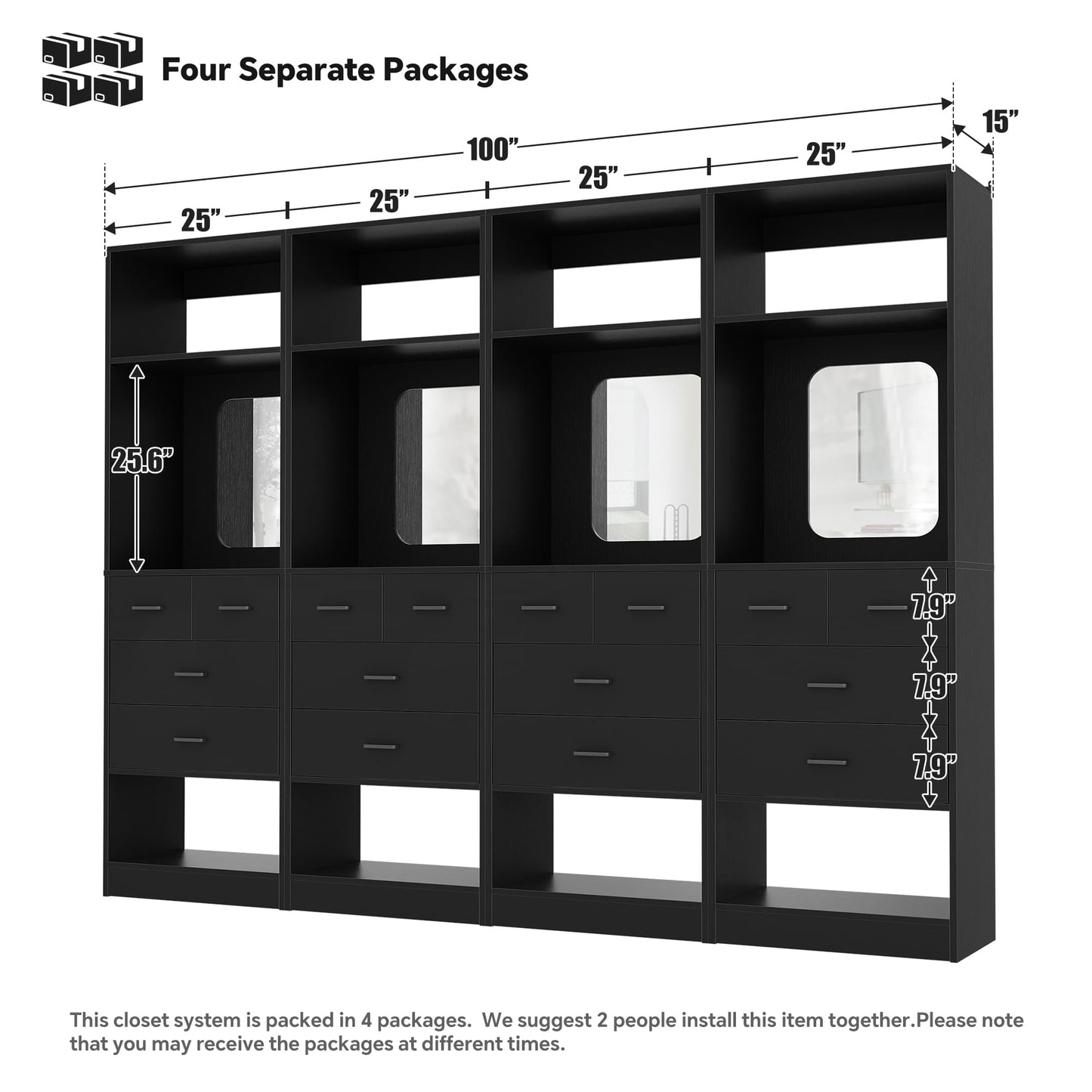 100 Inch Freestanding Closet System Set of 4 with 16 Drawers, Mirrors & Shelves