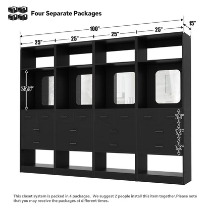 100 Inch Freestanding Closet System Set of 4 with 16 Drawers, Mirrors & Shelves