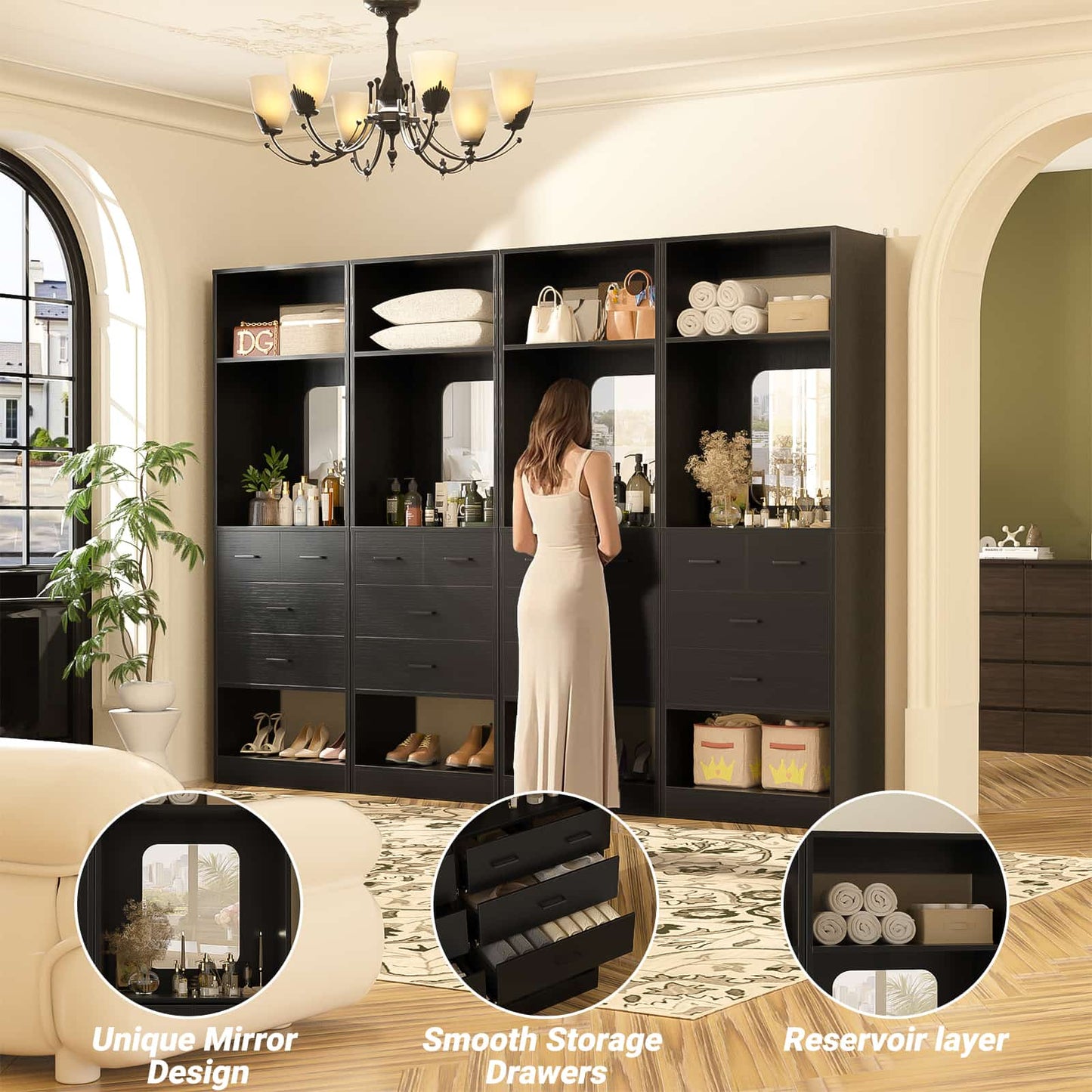 100 Inch Freestanding Closet System Set of 4 with 16 Drawers, Mirrors & Shelves