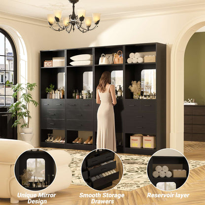 100 Inch Freestanding Closet System Set of 4 with 16 Drawers, Mirrors & Shelves