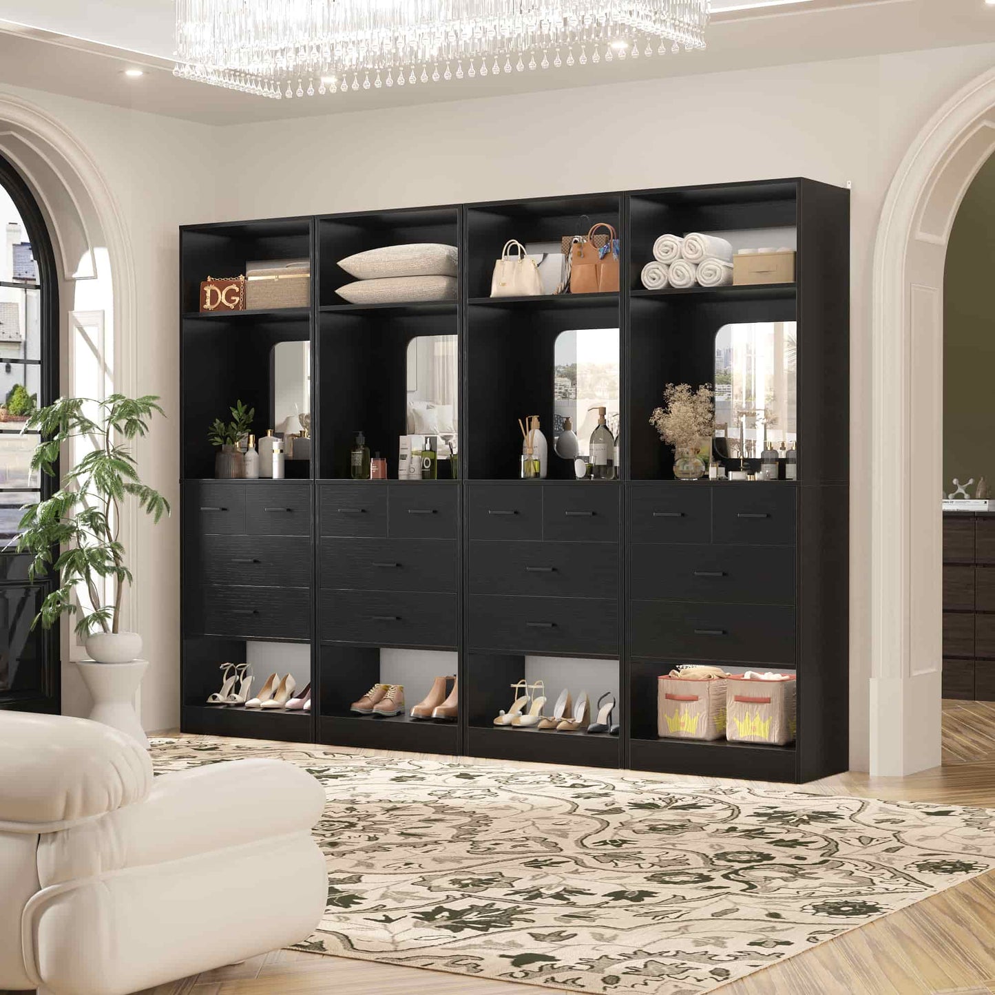 100 Inch Freestanding Closet System Set of 4 with 16 Drawers, Mirrors & Shelves