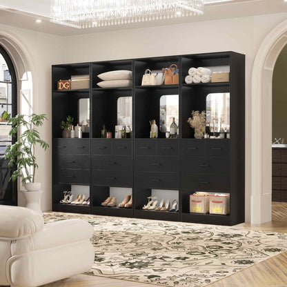 100 Inch Freestanding Closet System Set of 4 with 16 Drawers, Mirrors & Shelves