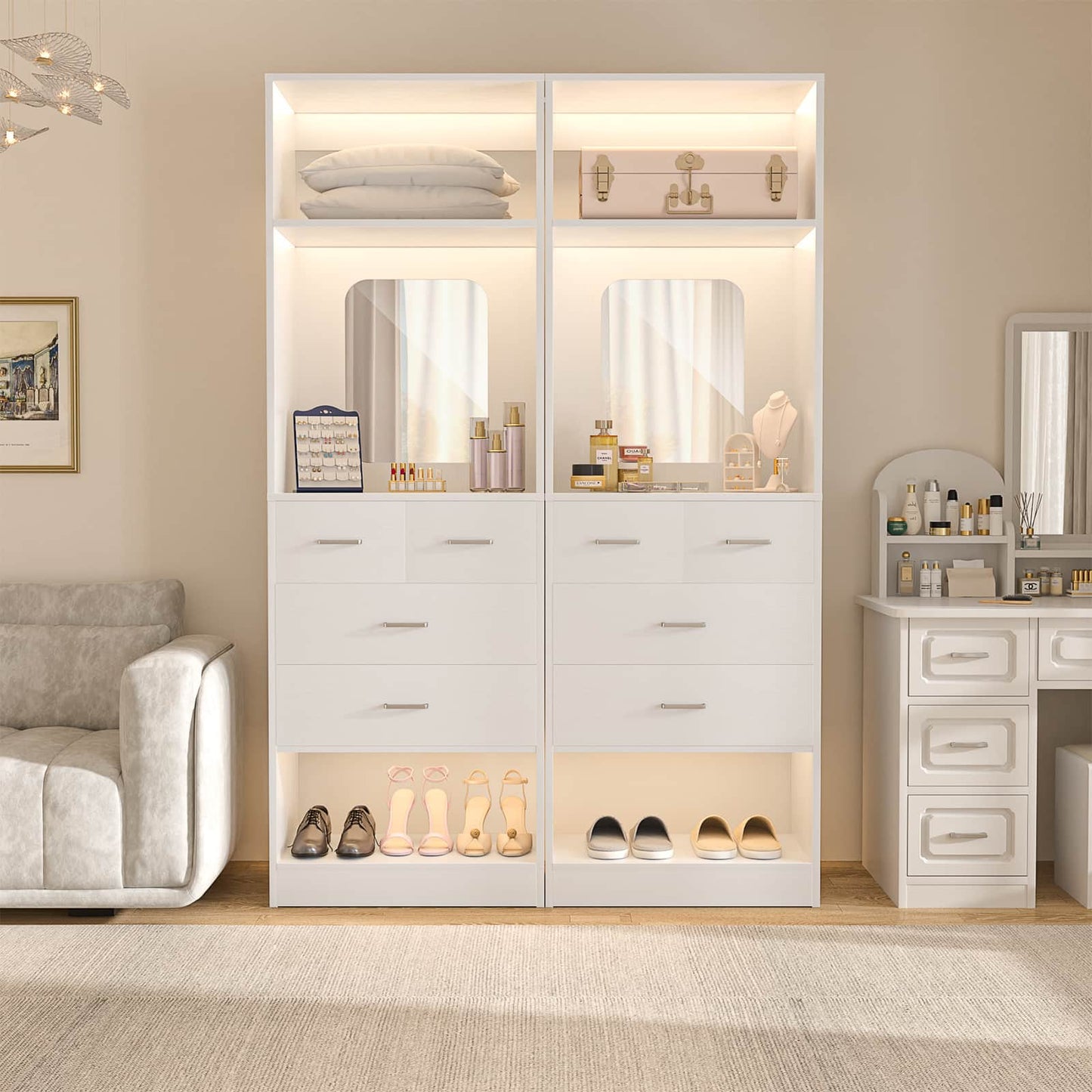 50" Freestanding Closet System with 8 Drawers, 4.2FT Modular Closet Organizer System with Mirror and Shelves