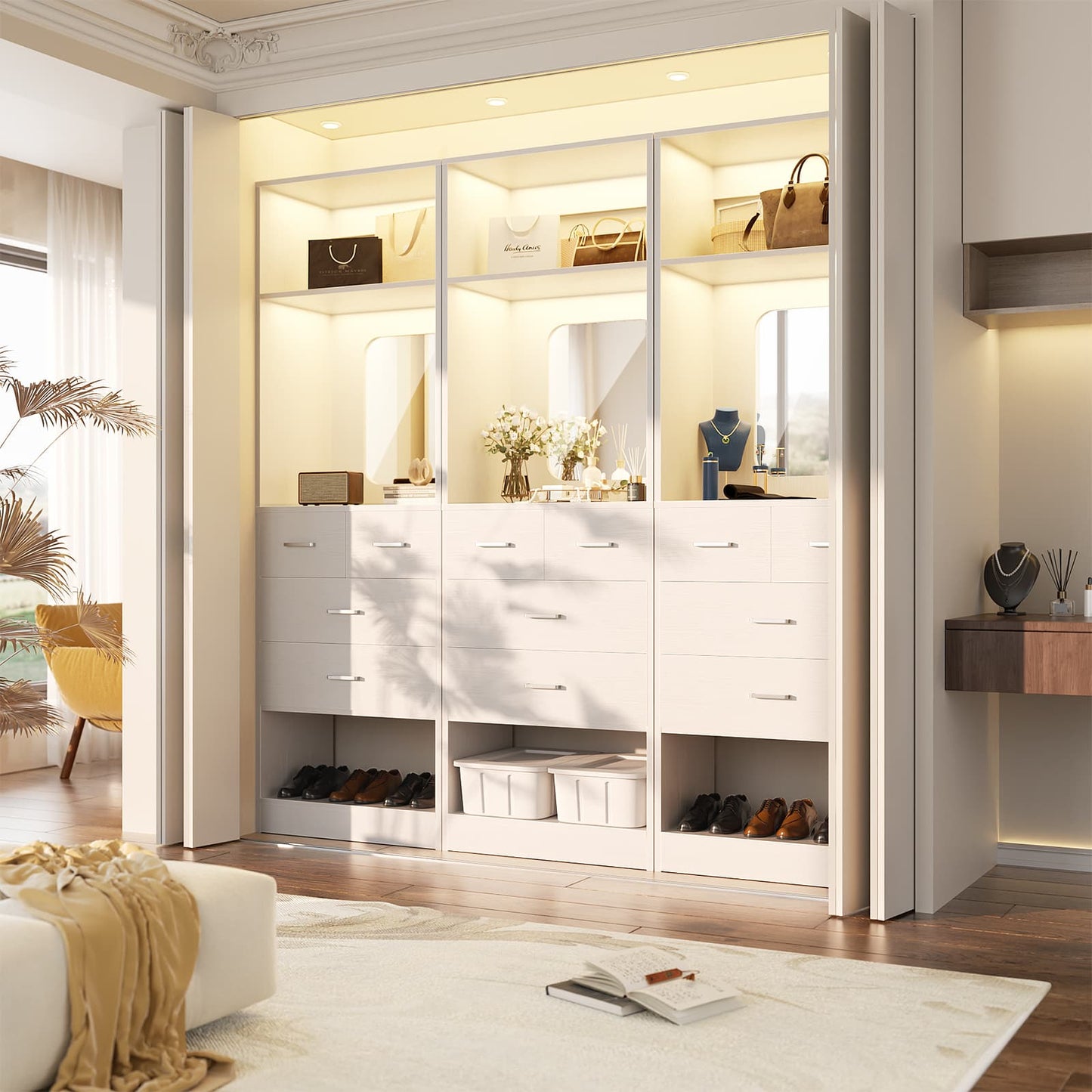 50" Freestanding Closet System with 8 Drawers, 4.2FT Modular Closet Organizer System with Mirror and Shelves