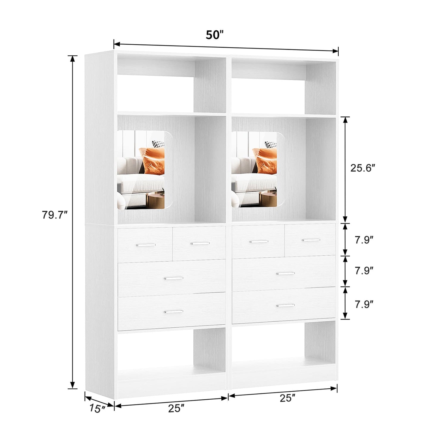 50" Freestanding Closet System with 8 Drawers, 4.2FT Modular Closet Organizer System with Mirror and Shelves