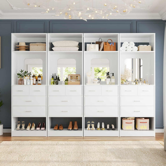 100 Inch Freestanding Closet System Set of 4 with 16 Drawers, Mirrors & Shelves