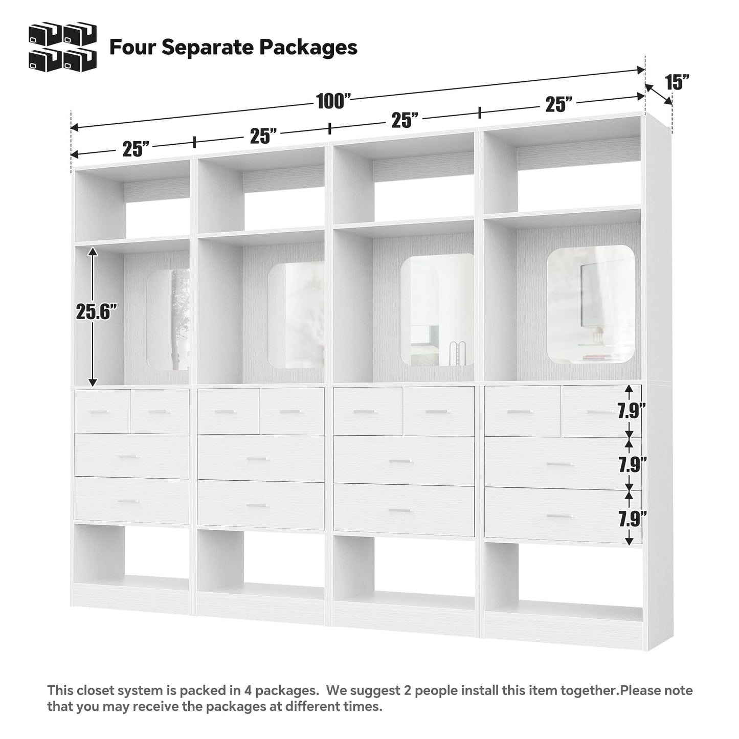 100 Inch Freestanding Closet System Set of 4 with 16 Drawers, Mirrors & Shelves