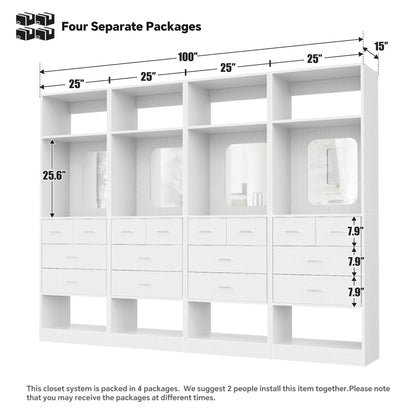 100 Inch Freestanding Closet System Set of 4 with 16 Drawers, Mirrors & Shelves