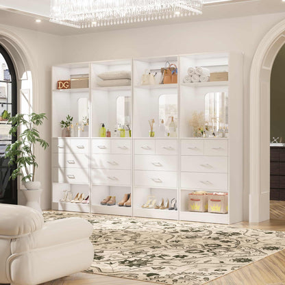 100 Inch Freestanding Closet System Set of 4 with 16 Drawers, Mirrors & Shelves