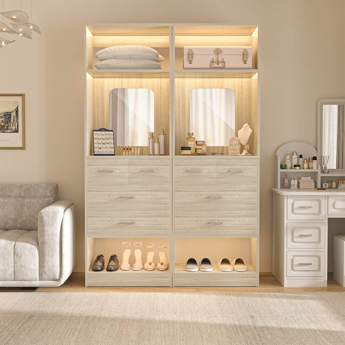 50" Freestanding Closet System with 8 Drawers, 4.2FT Modular Closet Organizer System with Mirror and Shelves