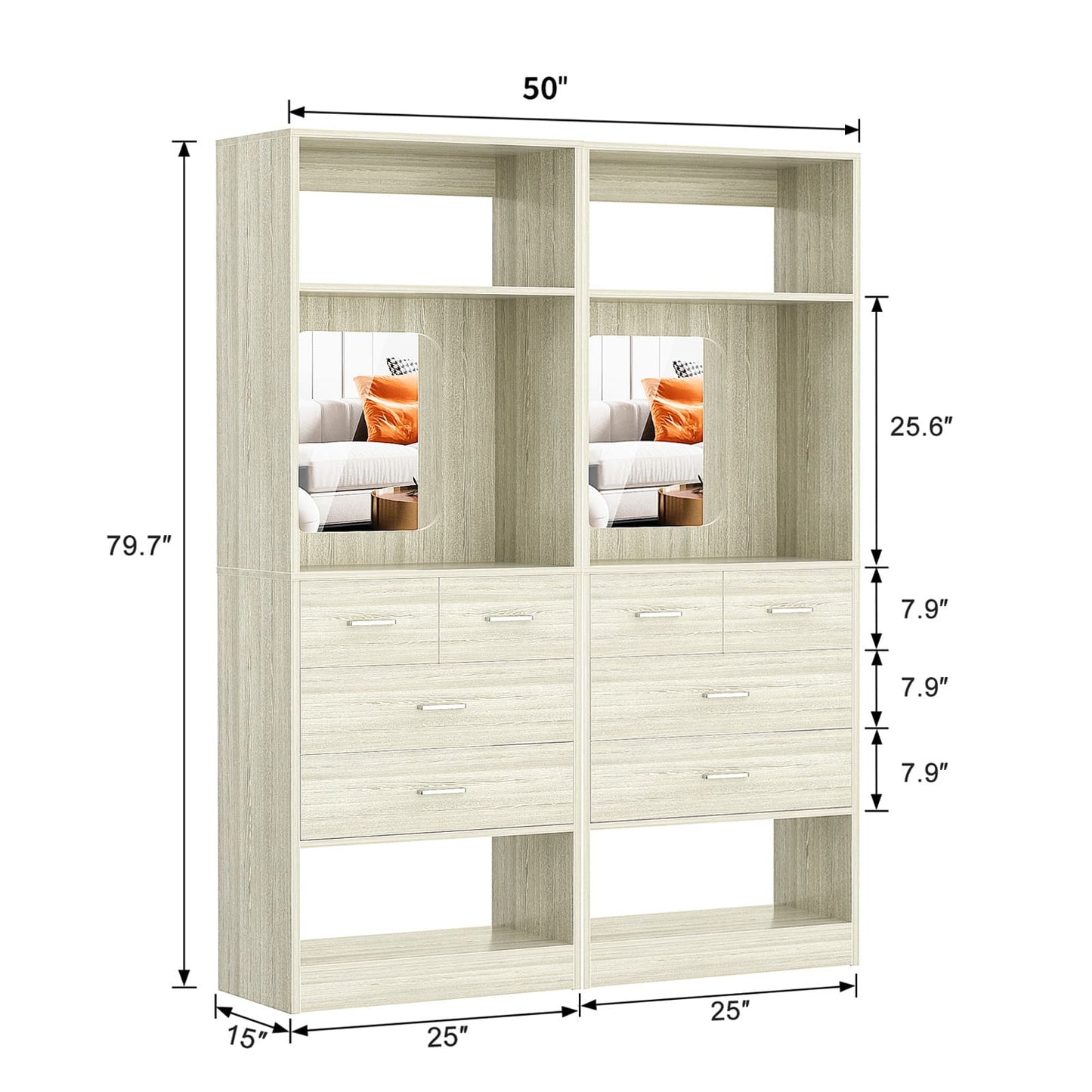 50" Freestanding Closet System with 8 Drawers, 4.2FT Modular Closet Organizer System with Mirror and Shelves