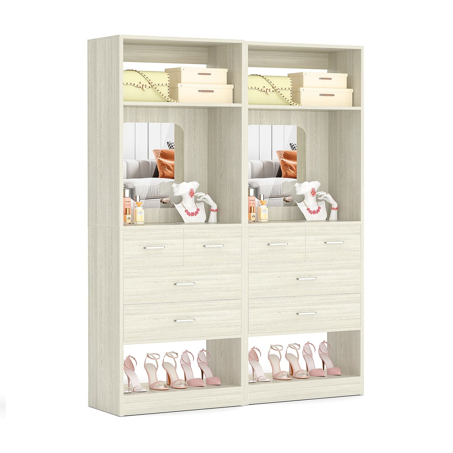 50" Freestanding Closet System with 8 Drawers, 4.2FT Modular Closet Organizer System with Mirror and Shelves
