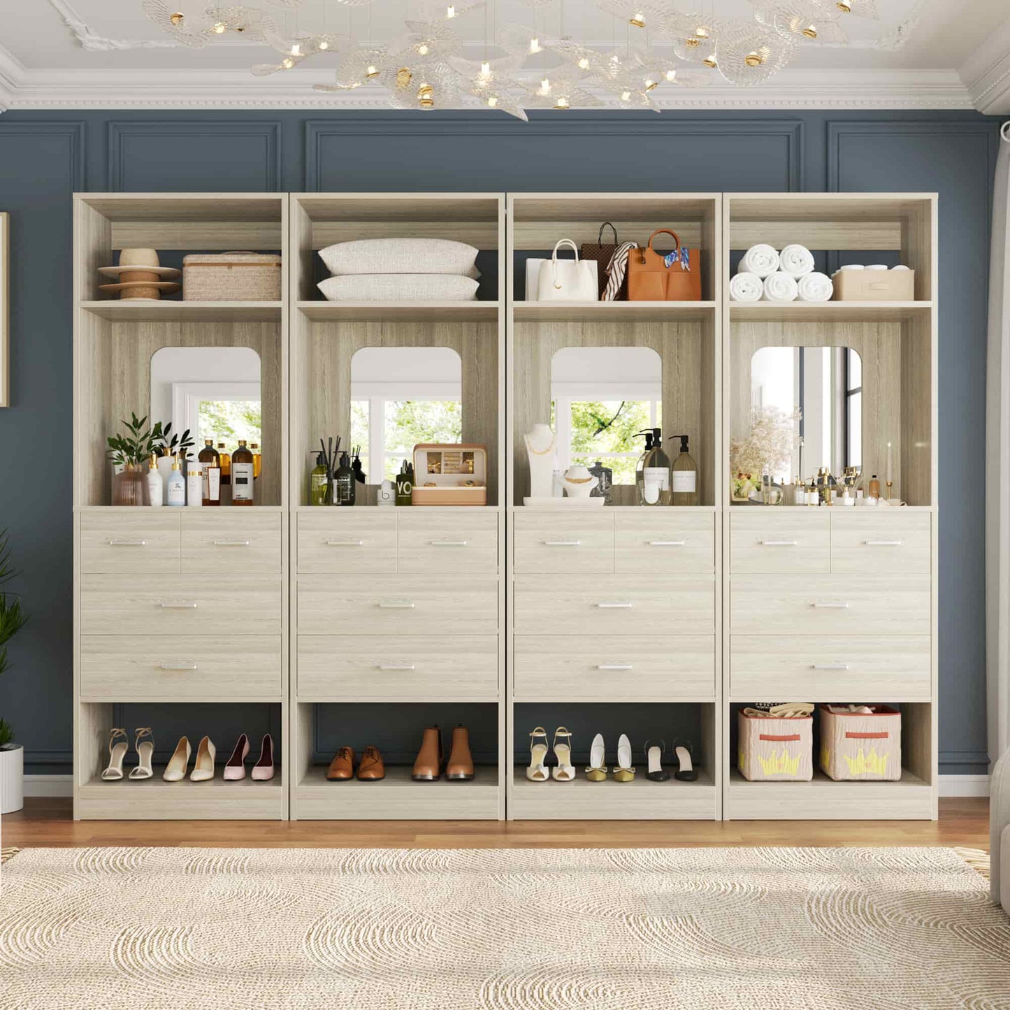 100 Inch Freestanding Closet System Set of 4 with 16 Drawers, Mirrors & Shelves