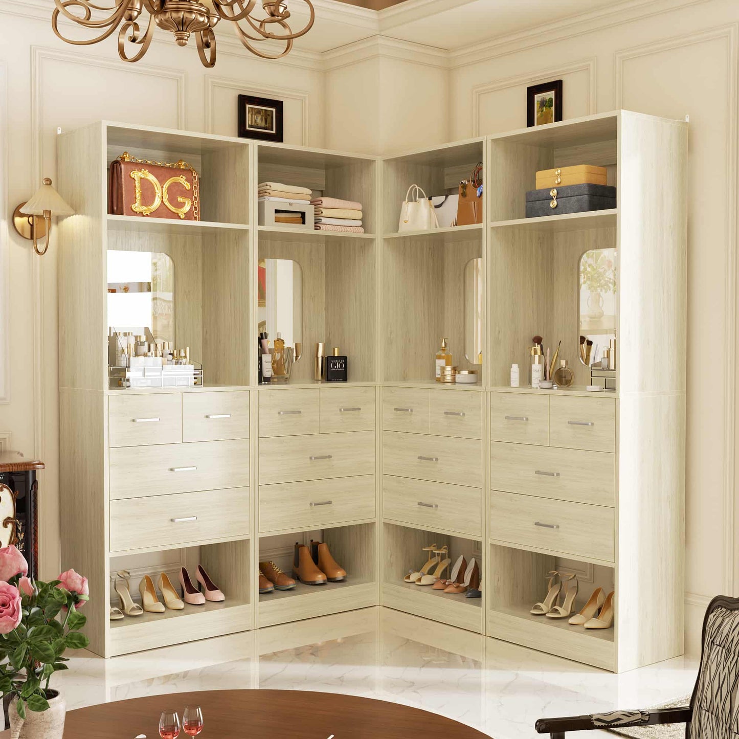 100 Inch Freestanding Closet System Set of 4 with 16 Drawers, Mirrors & Shelves