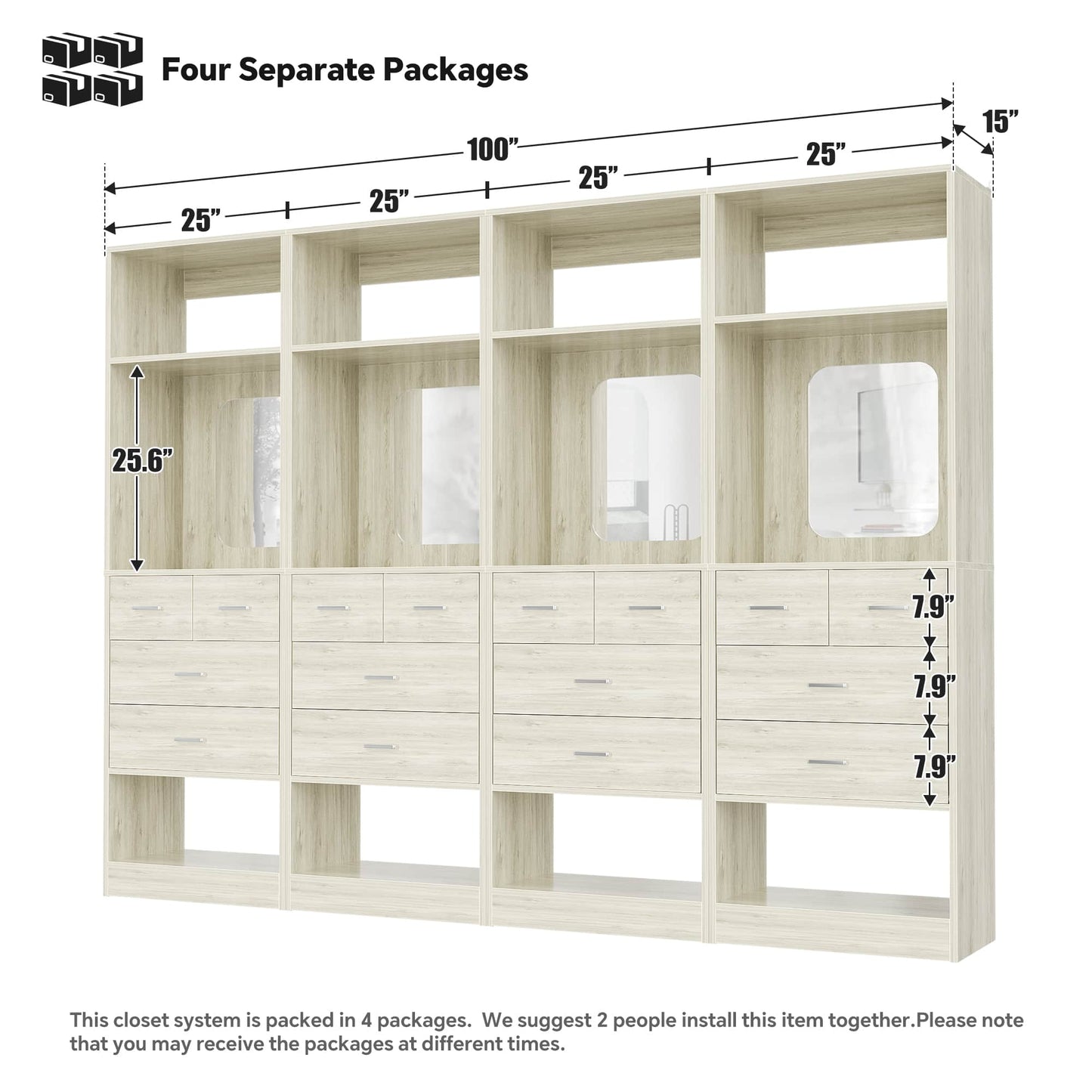 100 Inch Freestanding Closet System Set of 4 with 16 Drawers, Mirrors & Shelves