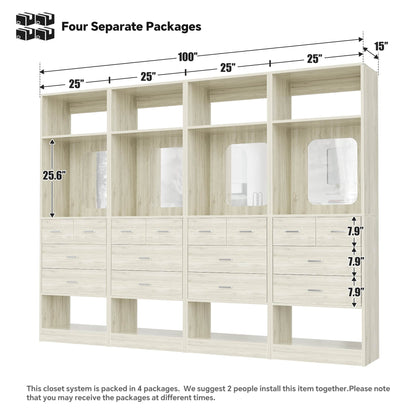 100 Inch Freestanding Closet System Set of 4 with 16 Drawers, Mirrors & Shelves