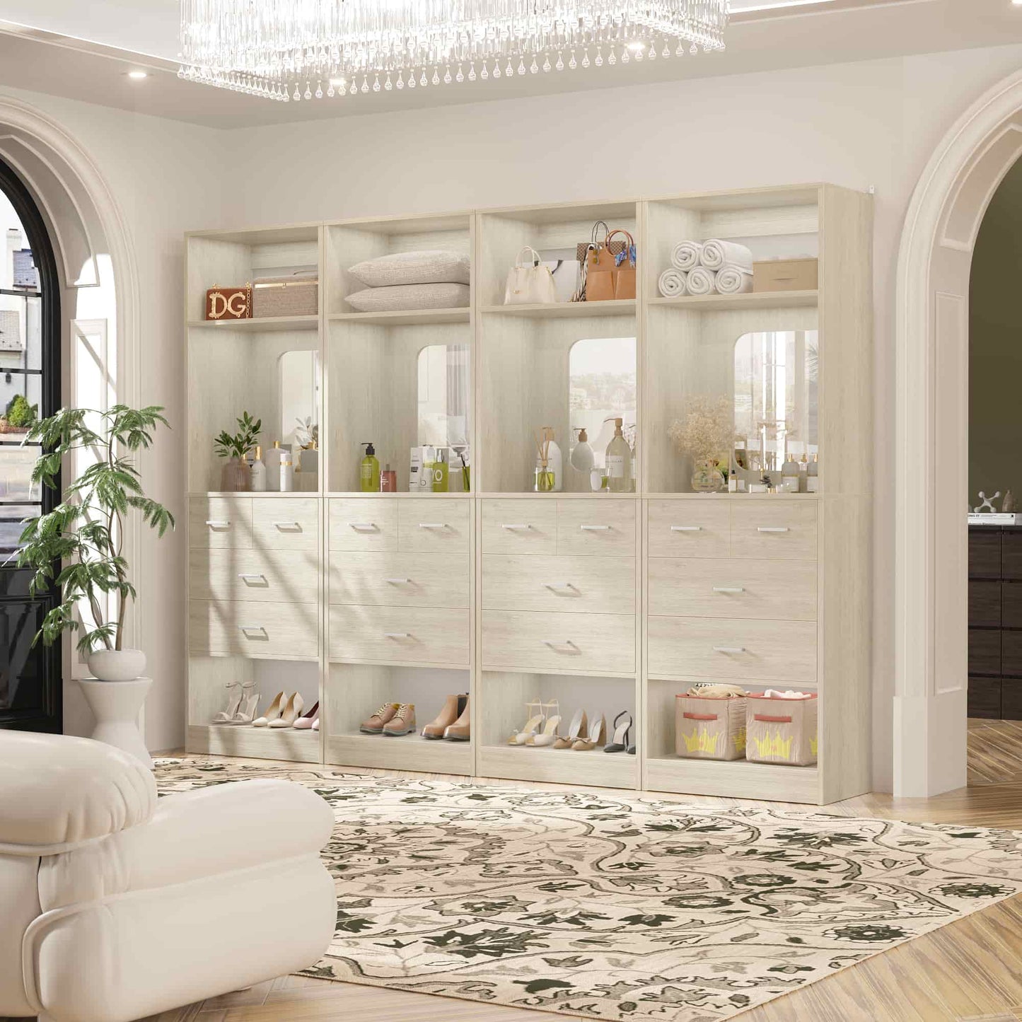 100 Inch Freestanding Closet System Set of 4 with 16 Drawers, Mirrors & Shelves