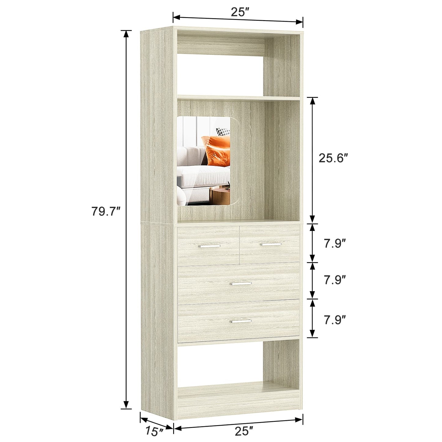 25'' Walk-in Closet System with 4 Wooden Drawers & Mirror