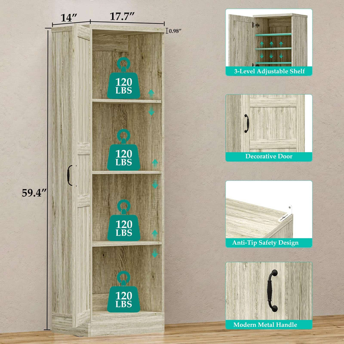 Farmhouse Slim Pantry Cabinet with Adjustable Shelves & Reversible Door - Perfect for Kitchen, Pantry & Small Spaces
