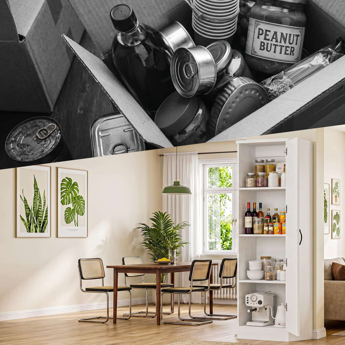 Set of 2 Narrow Freestanding Pantry Storage Cabinets with Adjustable Shelves & Reversible Barn Doors - Farmhouse Style for Kitchen, Bathroom & Utility Room