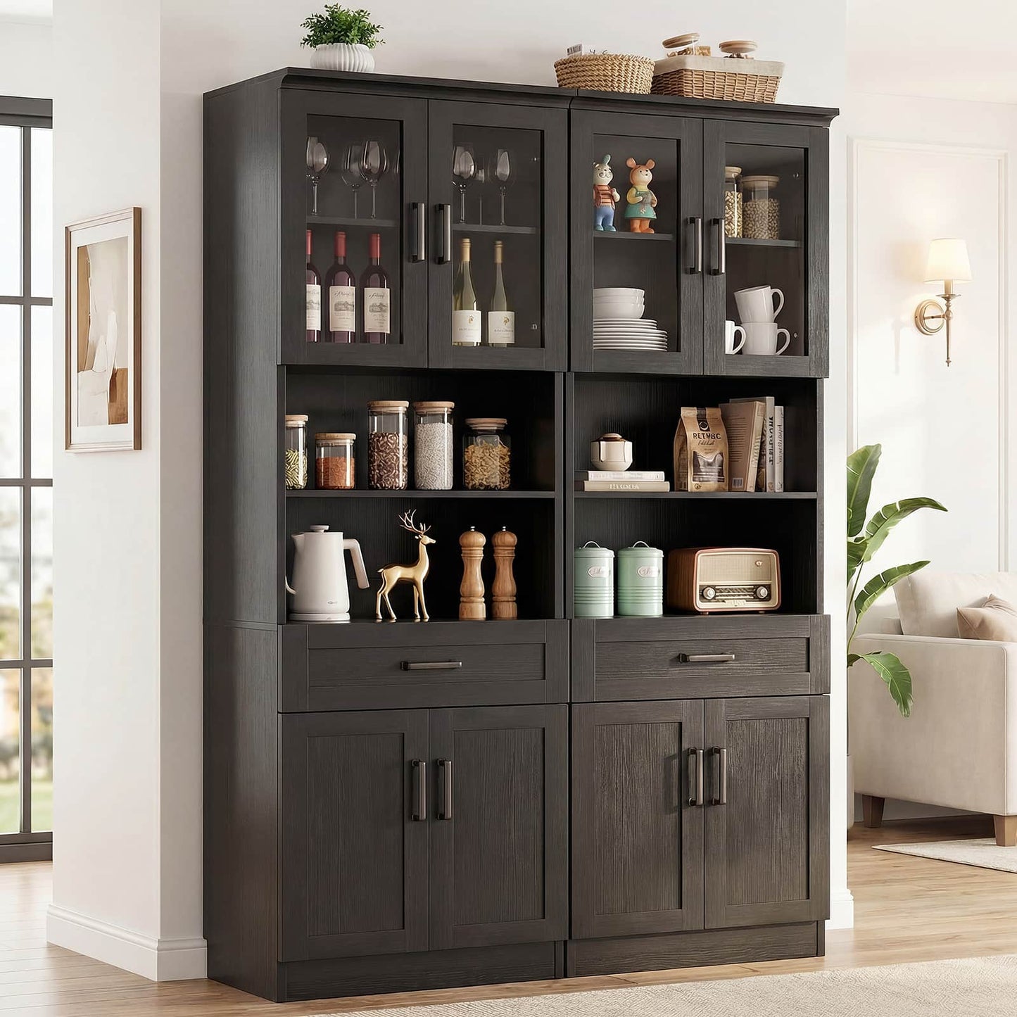 79.7" Tall Kitchen Pantry Storage Cabinet, Freestanding Kitchen Hutch Cabinet with Glass Door, Adjustable Shelves and Drawer