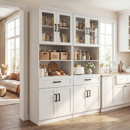 79.7" Tall Kitchen Pantry Storage Cabinet, Freestanding Kitchen Hutch Cabinet with Glass Door, Adjustable Shelves and Drawer