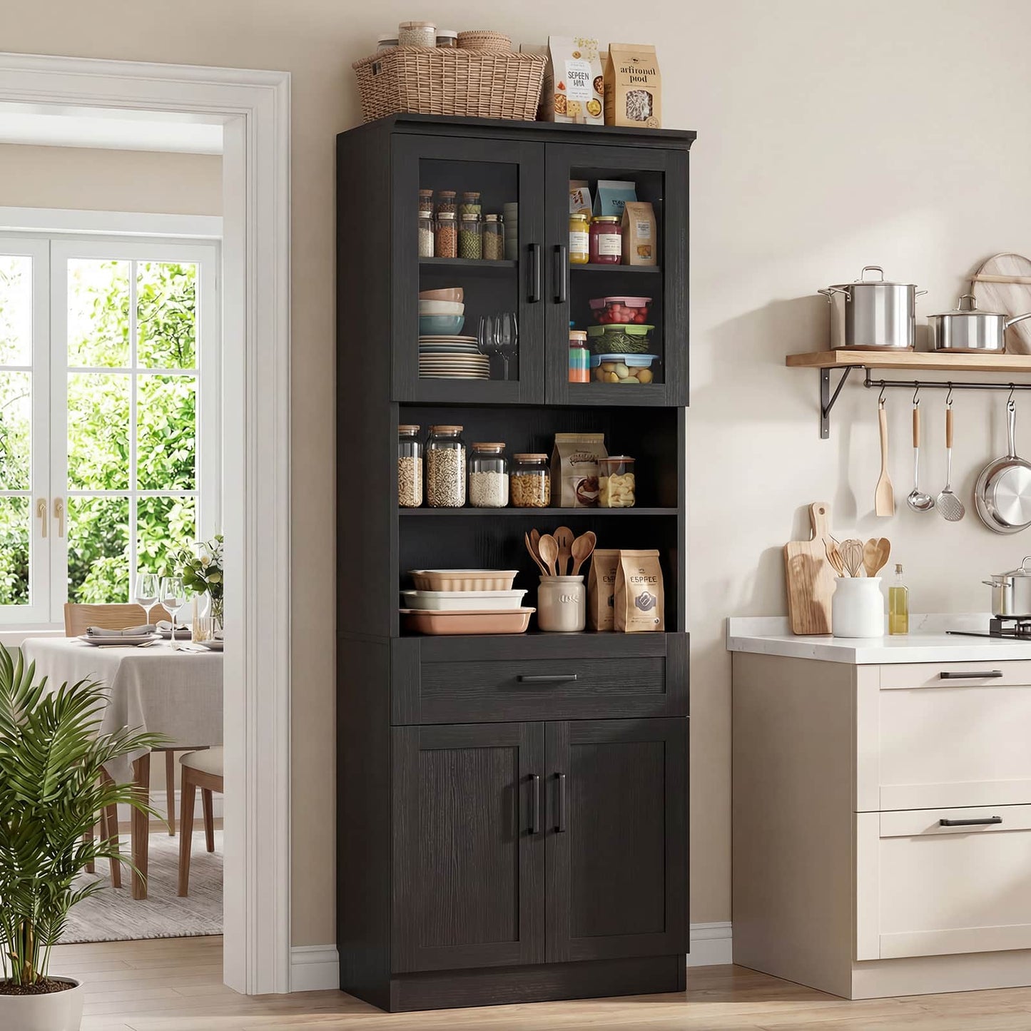 79.7" Tall Kitchen Pantry Storage Cabinet, Freestanding Kitchen Hutch Cabinet with Glass Door, Adjustable Shelves and Drawer