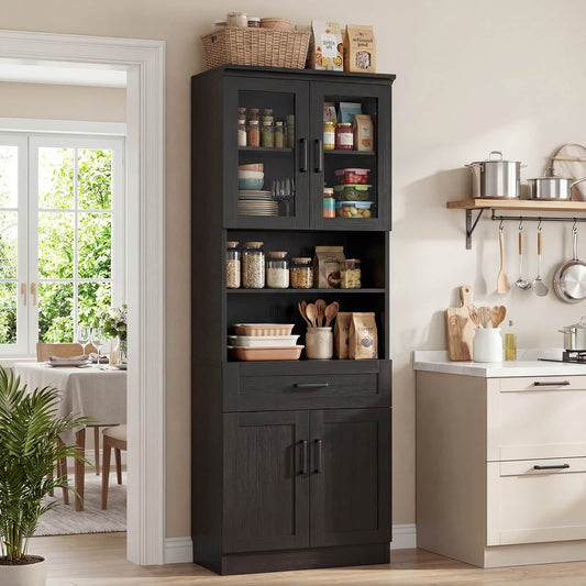 79.7" Tall Kitchen Pantry Storage Cabinet, Freestanding Kitchen Hutch Cabinet with Glass Door, Adjustable Shelves and Drawer