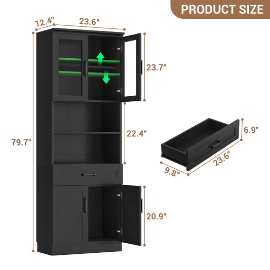 79.7" Tall Kitchen Pantry Storage Cabinet, Freestanding Kitchen Hutch Cabinet with Glass Door, Adjustable Shelves and Drawer