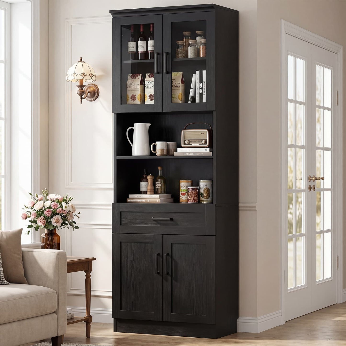 79.7" Tall Kitchen Pantry Storage Cabinet, Freestanding Kitchen Hutch Cabinet with Glass Door, Adjustable Shelves and Drawer