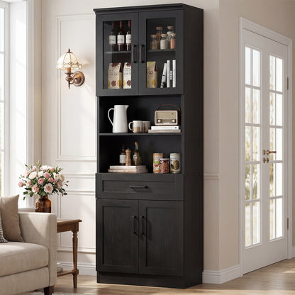 79.7" Tall Kitchen Pantry Storage Cabinet, Freestanding Kitchen Hutch Cabinet with Glass Door, Adjustable Shelves and Drawer
