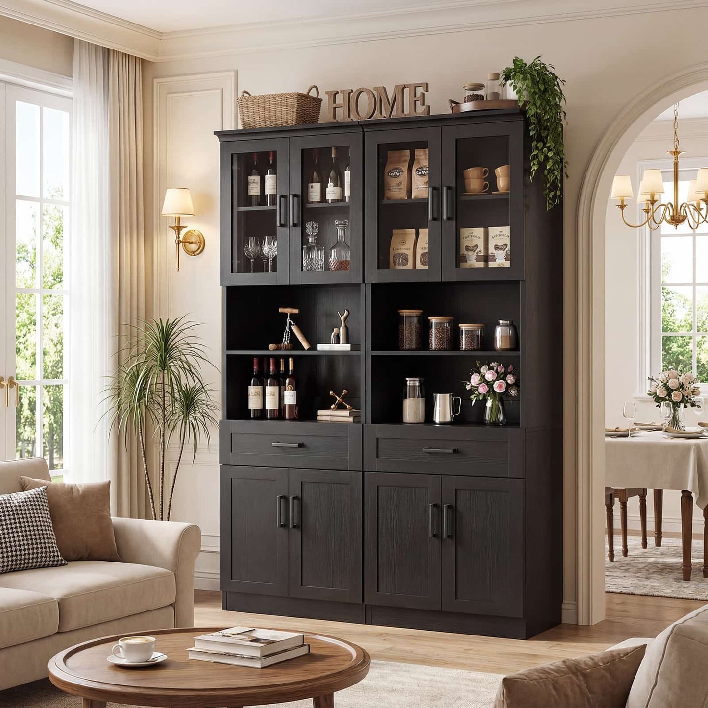 79.7" Tall Kitchen Pantry Storage Cabinet, Freestanding Kitchen Hutch Cabinet with Glass Door, Adjustable Shelves and Drawer