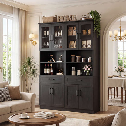 79.7" Tall Kitchen Pantry Storage Cabinet, Freestanding Kitchen Hutch Cabinet with Glass Door, Adjustable Shelves and Drawer