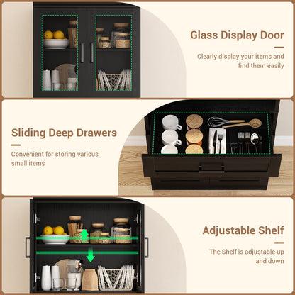 79.7" Tall Kitchen Pantry Storage Cabinet, Freestanding Kitchen Hutch Cabinet with Glass Door, Adjustable Shelves and Drawer