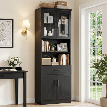 79.7" Tall Kitchen Pantry Storage Cabinet, Freestanding Kitchen Hutch Cabinet with Glass Door, Adjustable Shelves and Drawer