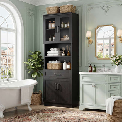 79.7" Tall Kitchen Pantry Storage Cabinet, Freestanding Kitchen Hutch Cabinet with Glass Door, Adjustable Shelves and Drawer