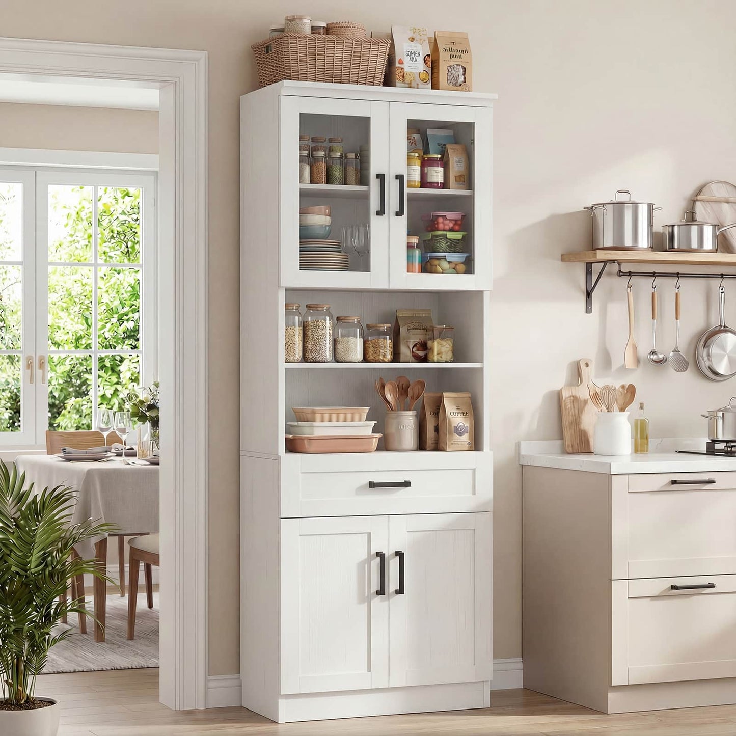 79.7" Tall Kitchen Pantry Storage Cabinet, Freestanding Kitchen Hutch Cabinet with Glass Door, Adjustable Shelves and Drawer