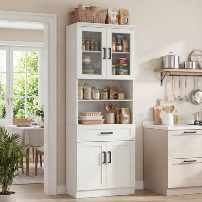 79.7" Tall Kitchen Pantry Storage Cabinet, Freestanding Kitchen Hutch Cabinet with Glass Door, Adjustable Shelves and Drawer