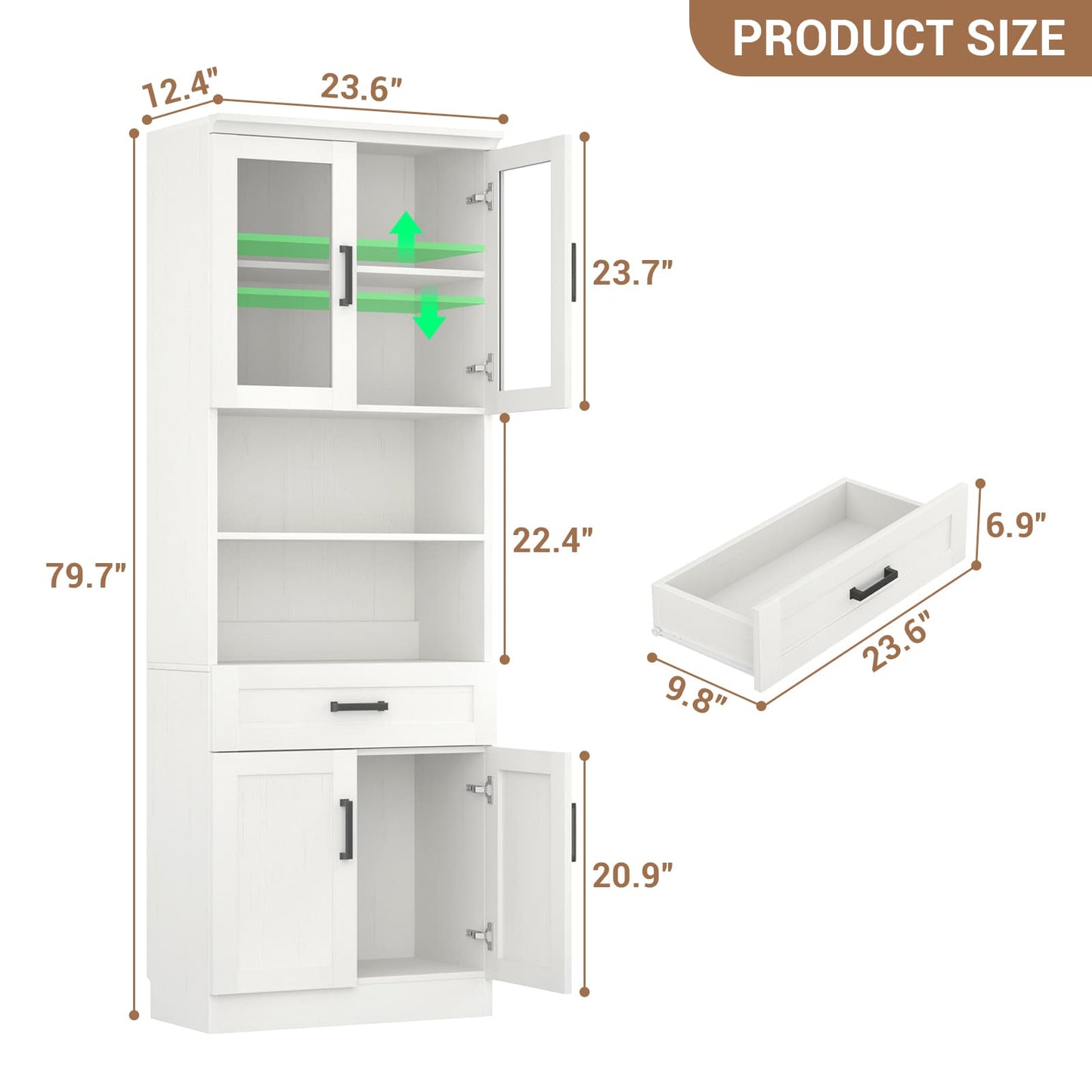 79.7" Tall Kitchen Pantry Storage Cabinet, Freestanding Kitchen Hutch Cabinet with Glass Door, Adjustable Shelves and Drawer