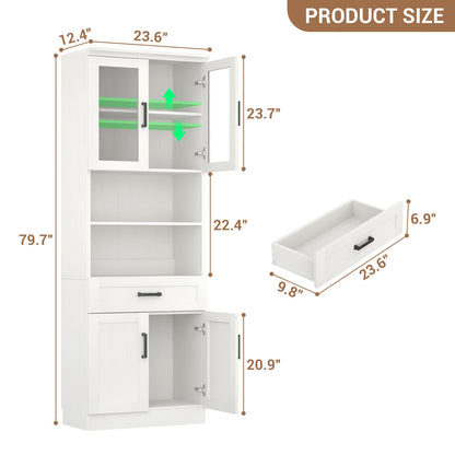 79.7" Tall Kitchen Pantry Storage Cabinet, Freestanding Kitchen Hutch Cabinet with Glass Door, Adjustable Shelves and Drawer