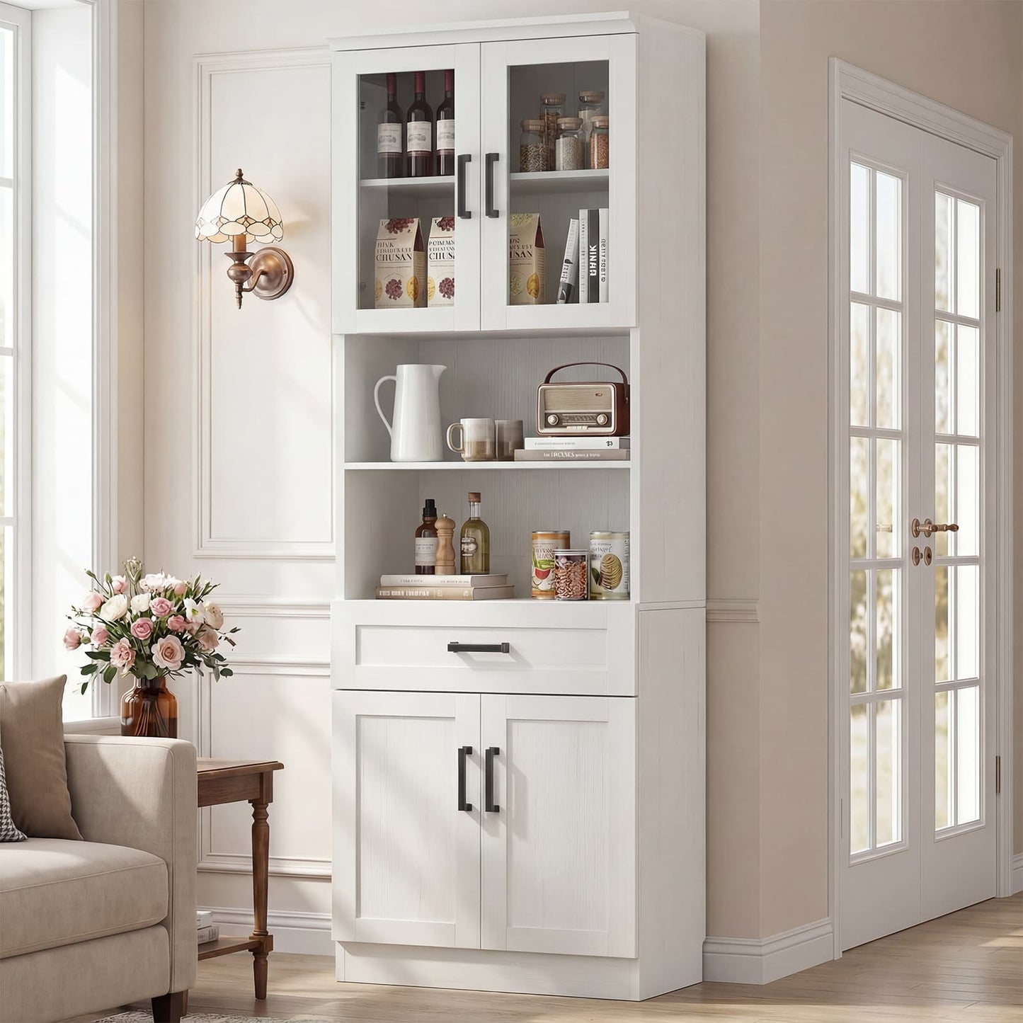 79.7" Tall Kitchen Pantry Storage Cabinet, Freestanding Kitchen Hutch Cabinet with Glass Door, Adjustable Shelves and Drawer