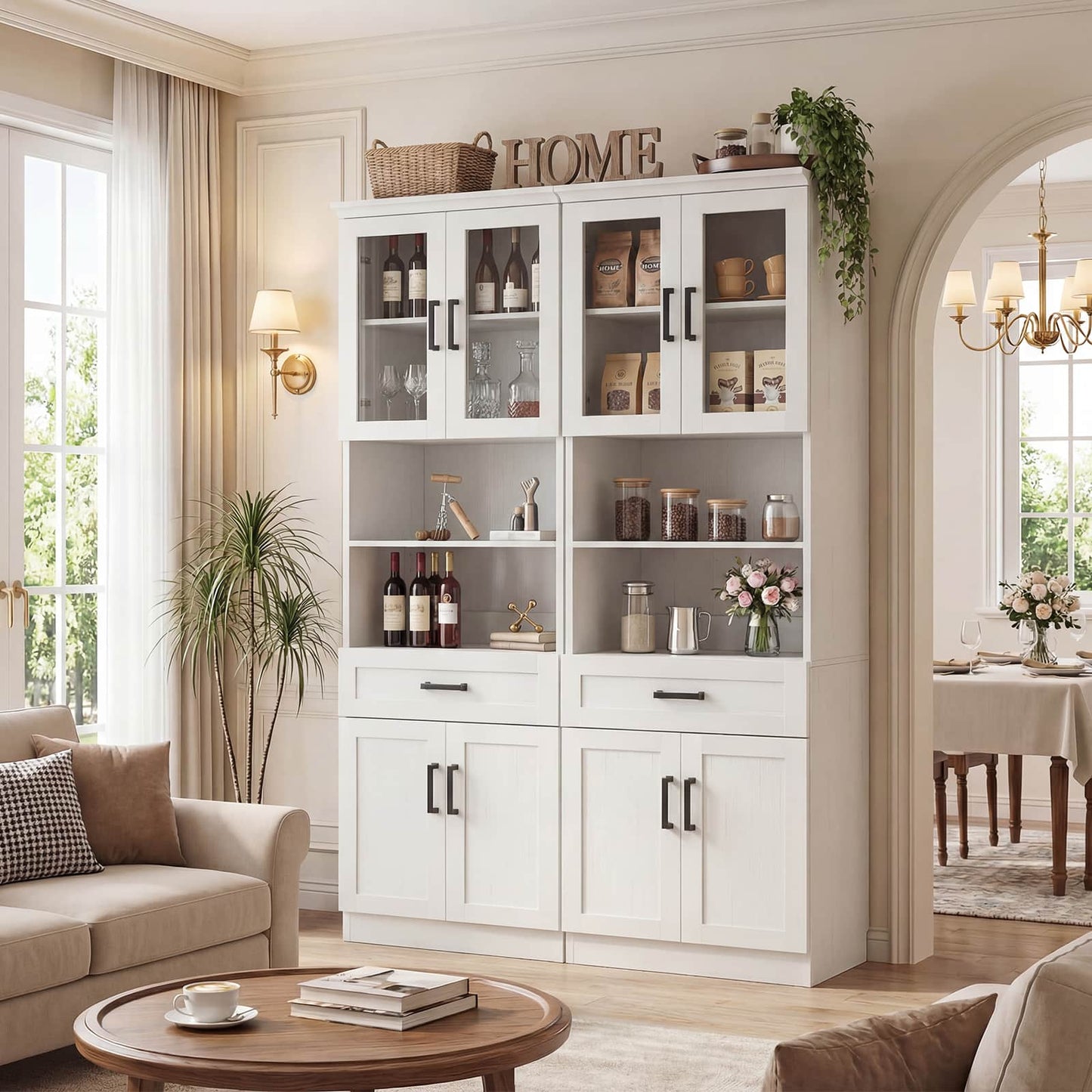 79.7" Tall Kitchen Pantry Storage Cabinet, Freestanding Kitchen Hutch Cabinet with Glass Door, Adjustable Shelves and Drawer