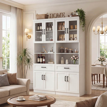 79.7" Tall Kitchen Pantry Storage Cabinet, Freestanding Kitchen Hutch Cabinet with Glass Door, Adjustable Shelves and Drawer