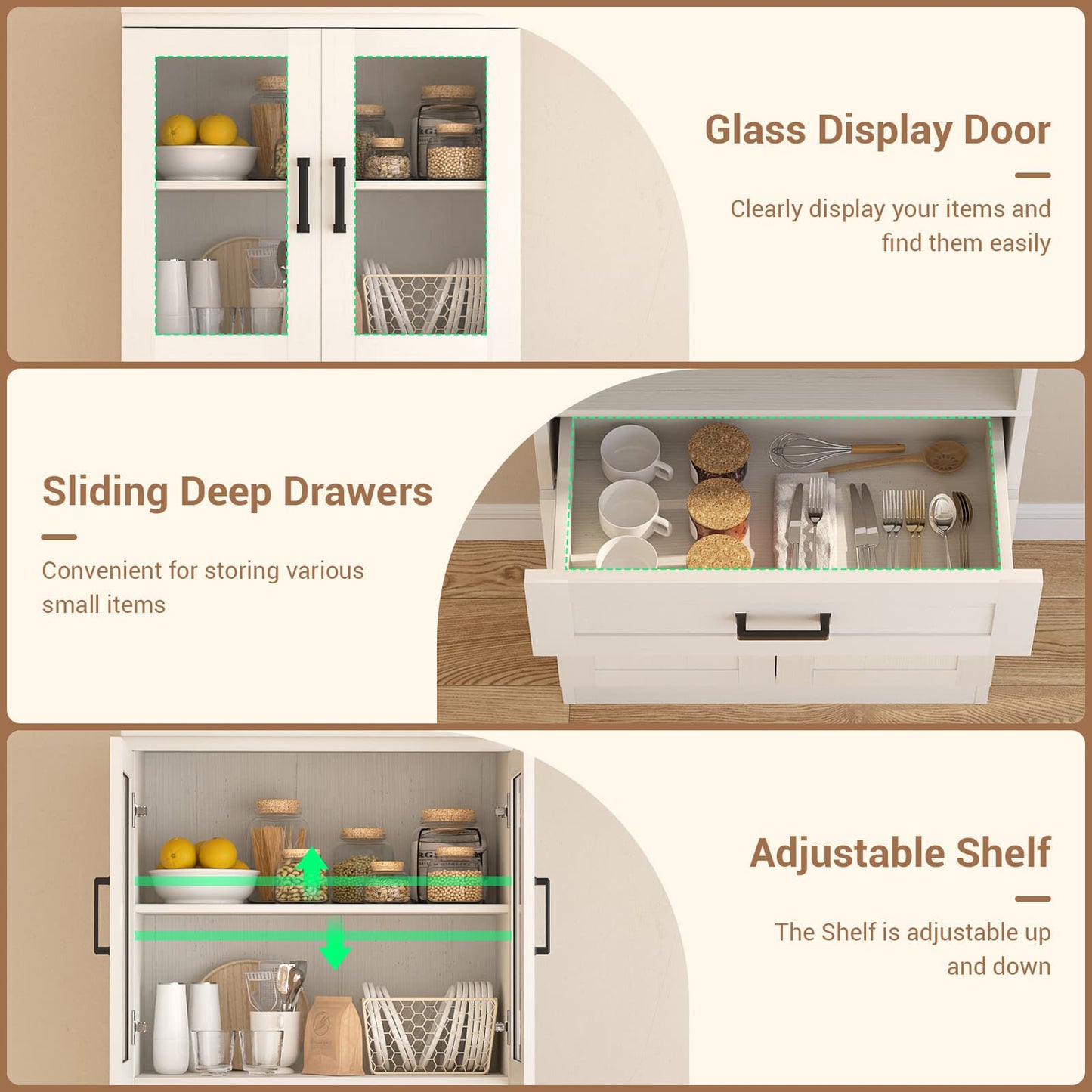 79.7" Tall Kitchen Pantry Storage Cabinet, Freestanding Kitchen Hutch Cabinet with Glass Door, Adjustable Shelves and Drawer