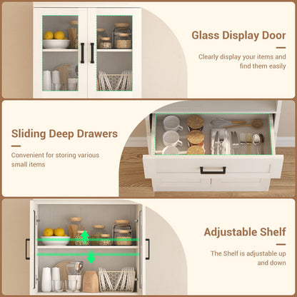 79.7" Tall Kitchen Pantry Storage Cabinet, Freestanding Kitchen Hutch Cabinet with Glass Door, Adjustable Shelves and Drawer