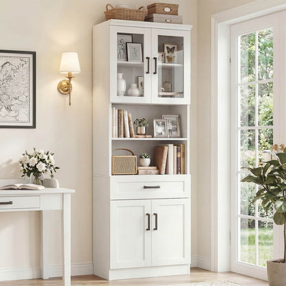 79.7" Tall Kitchen Pantry Storage Cabinet, Freestanding Kitchen Hutch Cabinet with Glass Door, Adjustable Shelves and Drawer