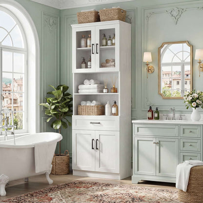 79.7" Tall Kitchen Pantry Storage Cabinet, Freestanding Kitchen Hutch Cabinet with Glass Door, Adjustable Shelves and Drawer